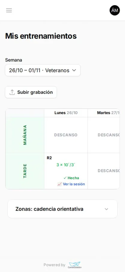 El palista ve su semana y su sesión medida en el móvil